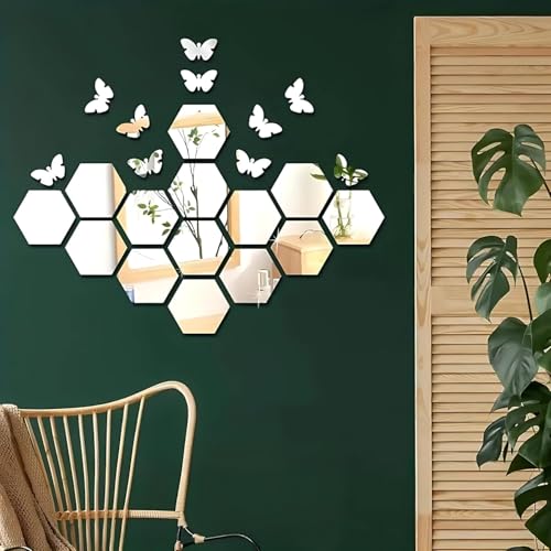 Image of 25-Piece Hexagon & Butterfly Mirror Wall Stickers - 15 Hexagons + 10 Butterflies, Acrylic Decorative Stickers for Hall, Bedroom, Kitchen, Color- Silver