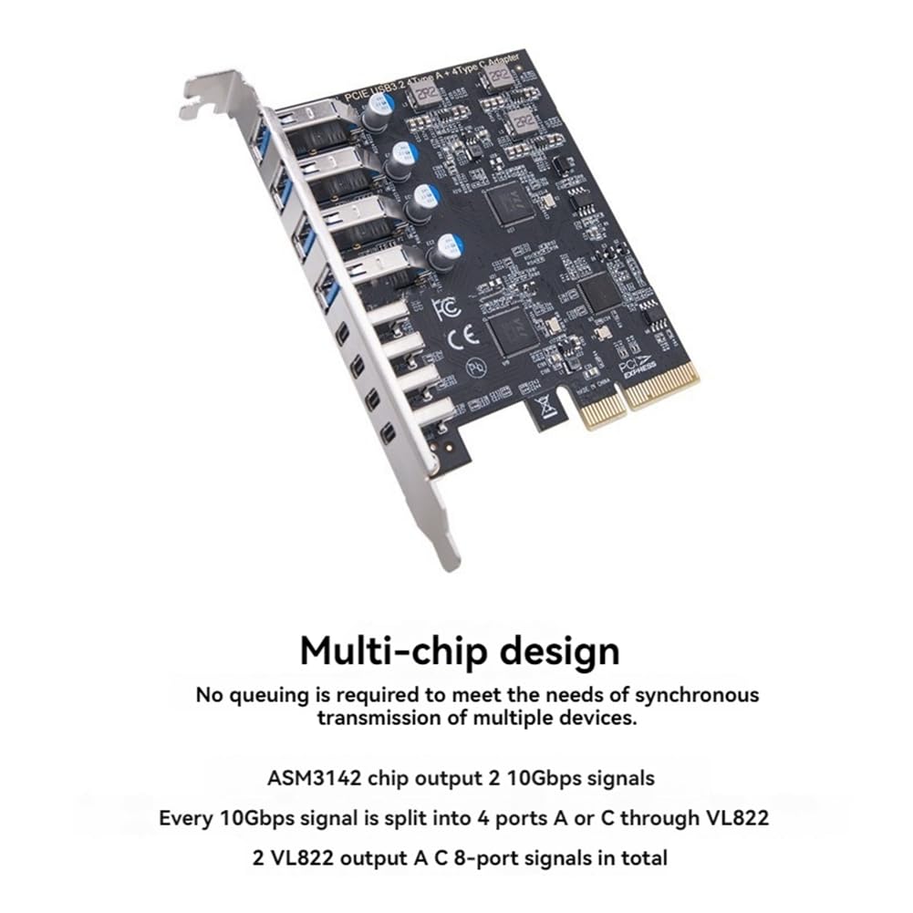 Tarjeta de Adaptador de Tarjeta de Expansión PCI-e de 8 Puertos USB 3.2 20Gbps 4 Tipo-C + 4 Tipo-A Tarjeta de Expansión para PC de Escritorio Tarjeta Host