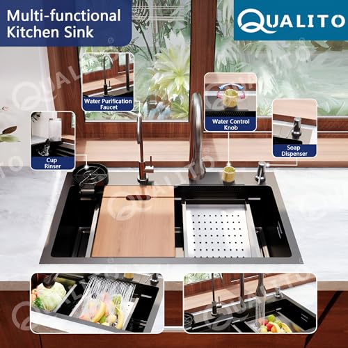 Image of TrueSink 24x18 Multifunction Sink | Waterfall and 3 Type Water Outlet Pull Out Faucet Waterfall Kitchen Sink | Anti Scratch Honey Comb Design Smart Sink with Automatic Cup Washer