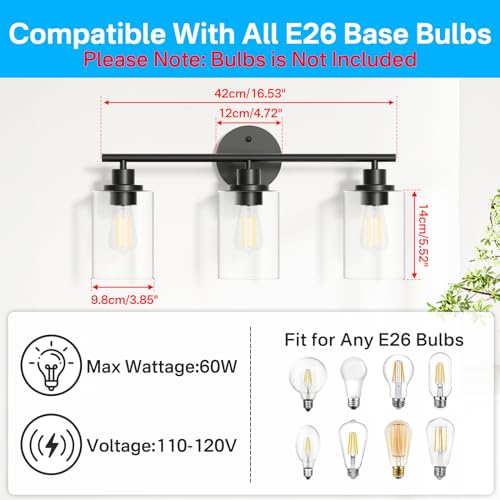 Image of Modern Black Bathroom Light Fixtures over Mirror - 3 Light Bathroom Vanity Light Wall Sconces lighting with Clear Glass Shade Vanity Lights for Bathroom, Kitchen, Bedroom, Hallway and More Scenarios