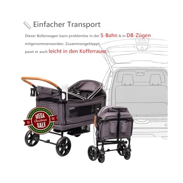 vickey Bollerwagen Faltbar mit Dach 2 Kinder, Cargo-Bollerwagen, Faltbarer Handwagen Schiebegriff, Duo-Kinderwagen Stoßfest PU Räder mit Bremsen, Getränkehalter, 100LGrau