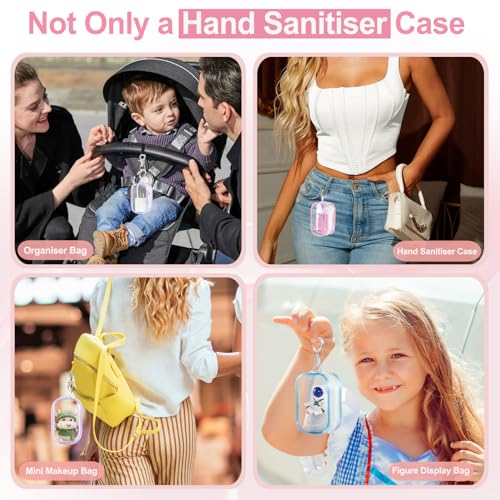 Image of Hand Sanitizer Spray Clear Case for 1FL OZ /30ml, 3 Pack Hand Sanitizer Holder Zippered Pouch, Mini Clear Makeup Bag, Figures Display Bag, with Keychain Snap Hook (Pink & Blue & Purple)