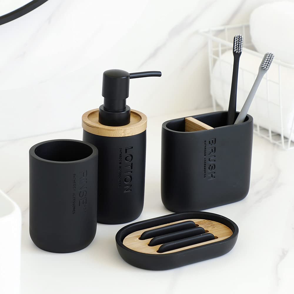 zhanwang - Set con dispenser per sapone in bambù e altri accessori in legno e bambù: portasapone decorativo, bicchiere per lavare i denti e porta spazzolino (nero)