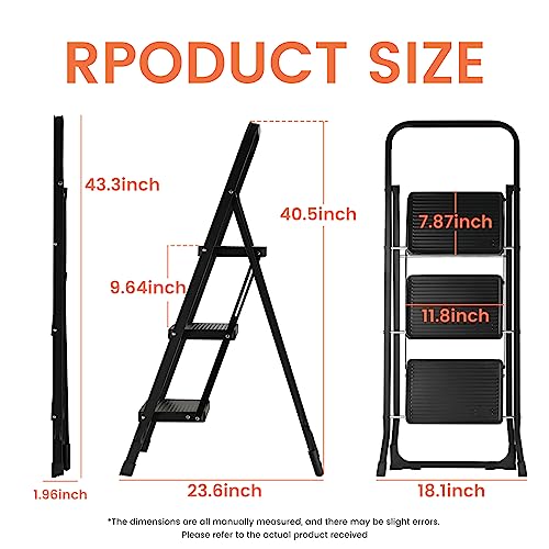 3 Step Ladder Heavy Duty Step Stool for Adult Foldable Stepladder 3 Step 330lbs Capacity with Wide Anti-Slip Pedal Ladders for Home Kitchen and Office (Matte Black, 3 Step) - Thumbnail 2