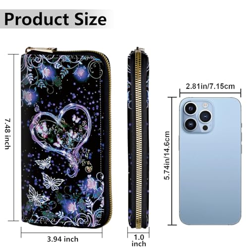Image of Women's Wallets,Credit Card Holder Money Leather Long Wallet with Wristlet,Large Capacity with Zip-Around Phone Purse for Women Ladies Girls,Purple Butterfly Flower