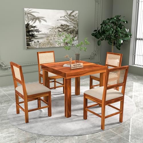 Image of Solid Sheesham Wood 4 Seater Dining Table Set with Cushioned Chairs for Dining Room | Living Room | Home & Office | Hotels Restaurant & Cafe (4 Seater, Honey Finish)