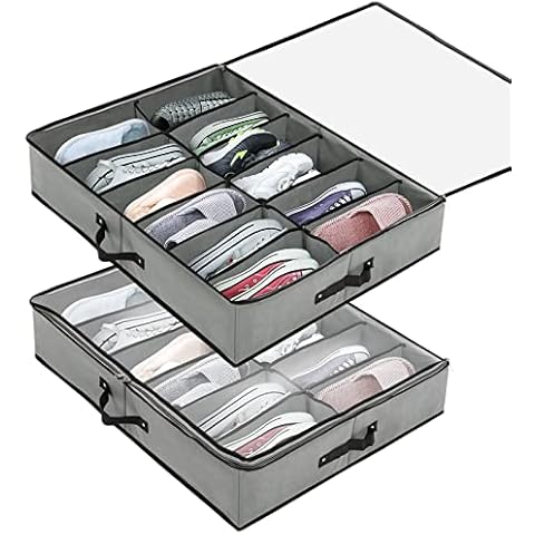 2 PCS Under Bed Shoe Storage Organizer, Folding Under Bed Shoe Box, Removable Divider Board with Transparent Lid Fits 24 Pairs Total - Underbed Storage Cover