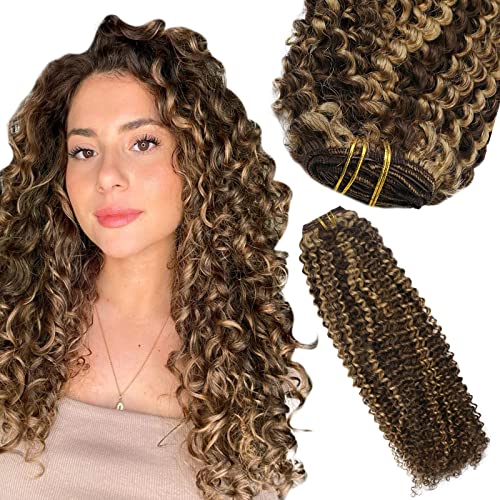 Ugeat Kinky Curly Hair Extensions Clip in Human Hair, Dark Brown with Caramel Blonde Clip in Hair Extensions Double Weft Extensions Clip in Human Hair Extensions Culry Hair 12 Inch 7 Pieces