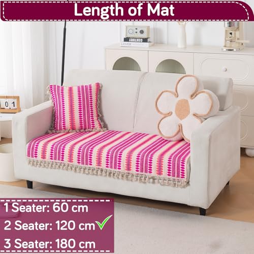 Image of HOKIPO 'Artisan Boho Series' 2 Seater Sofa Cover Mat | 450 GSM Cotton Acrylic Jacquard with Tassel, Fuchsia Pink (IN-902-A5*S)