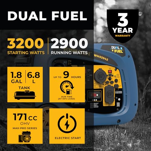 FIRMAN WH02942 Dual Fuel Inverter Portable Generator, 3200W Electric Start, Quiet 58 dB, 1.8-Gallon Tank, 9 Hrs Runtime, Wheel Kit, RV-Ready, Ideal for Camping, Tailgating & Outdoor Recreation