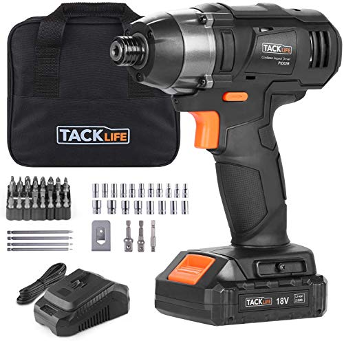 TACKLIFE 18V Atornillador de Impacto,Par M�ximo 180Nm,2.0 Ah, Tasa de Impacto de 3600,2800 RPM, Portabrocas de 6.35 mm, Cargador R�pido 1 H, Luz de Trabajo LED, Bolsa de Herramienta PID02B
