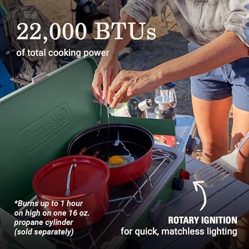 Image of Coleman Cascade 222 2-Burner Camping Stove, Portable Cooktop with 22,000 BTUs, Matchless Lighting, & Dual Wind Guards, Great for Outdoor Cooking, Camping, Tailgating, Grilling, BBQs, & More