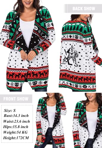 Gosopin Women Reindeer Snowflakes Open Front Christmas Sweater Cardigan Turndown Collar Geometric Print Long Sleeve Knit Coat Large White #TOP1