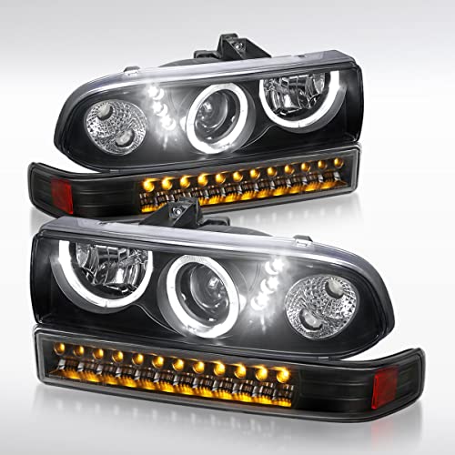 AUTOZENSATION Compatible with 1998-2004 Chevy S10 Pickup 1998-2004 Chevy Blazer Black Housing Clear Lens LED Halo Projector Headlights + LED Bumper Lights L + R Pair Headlamp