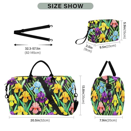 Colorful Iris Flower Dark Travel Duffel Bag for Men Women with Makeup Bag Weekend Overnight Carry On Bags for Hospital Travel Gym3