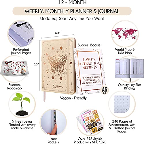 Law Of Attraction Planner - Undated Deluxe Weekly, Monthly Planner, A 12 Month Journey To Increase Productivity & Happiness - Life Organizer, Gratitude Journal, And Stickers, A5 #TOP1
