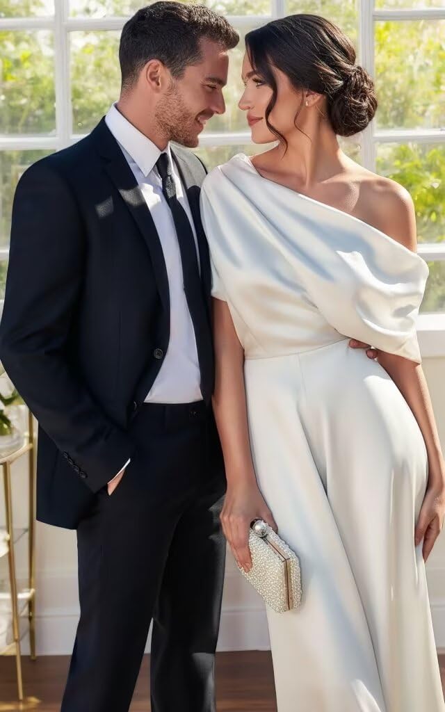 One Shoulder Mother of The Bride Jumpsuits for Wedding Satin Short Sleeves Formal Evening Pantsuits Wide Leg - Image 8