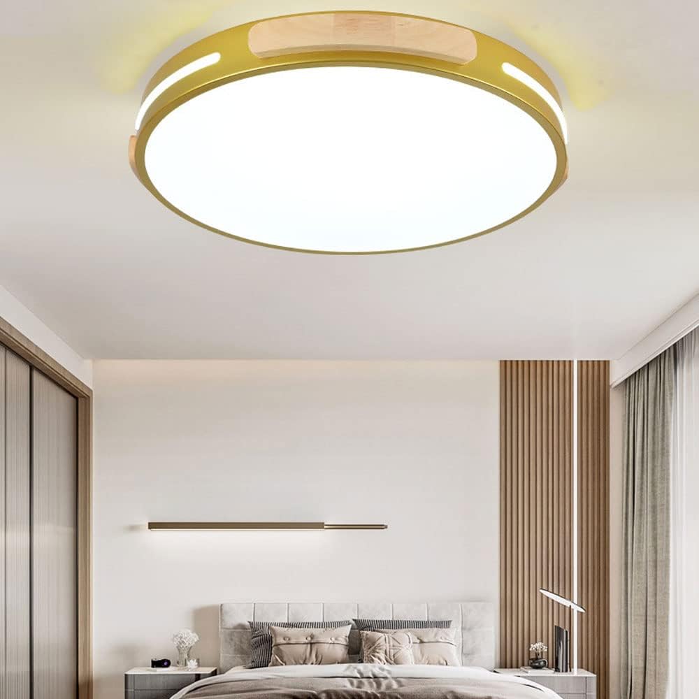 Modern LED Ceiling Light Fixture, Wood Flush Mount Ceiling Lamps, Three-Color Dimming Circle Close to Ceiling Light Fixtures for Foyer Kitchen Entryway Hallway Laundry Bedroom Living Room