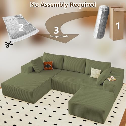 Image of 96 inch U-Shape Cloud Couch, Modern Modular Sectional L-Shape Sofa with Ottoman, Corduroy Upholstered Couches Deep Seat Sleeper Chaise Longue for Living Room, No Assembly Required(Green, Left Facing)