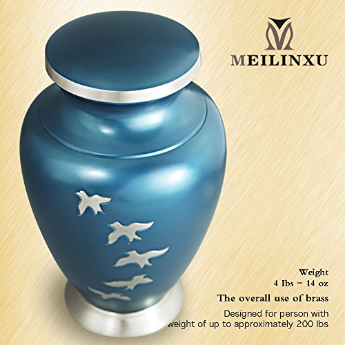 Cremation Urn for Human Ashes Adult - Brass Funeral Urn for Women or Men - Display Burial At Home or in Niche at Columbarium (Silvery Aria Flying Birds / Hummingbird, Blue Metal Urn for Adults Large