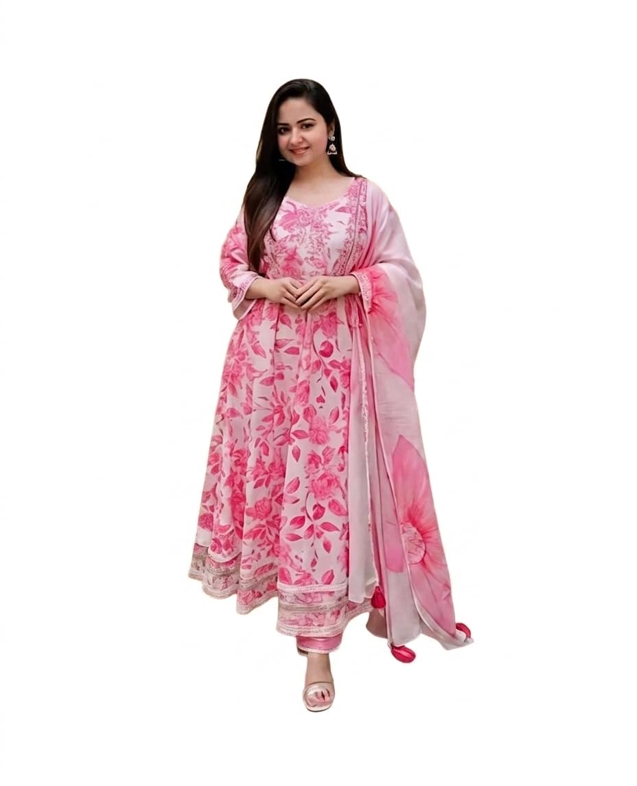 Women's Pink Floral Anarkali Kurta Set with Dupatta-image-19