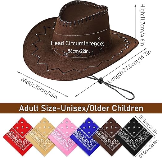 MALLOOM Ensemble de 6 chapeaux de cowboy et bandanas, chapeau de cowgirl en daim, chapeau de cowboy en feutre, costume western pour hommes et femmes, pour fête et scène
