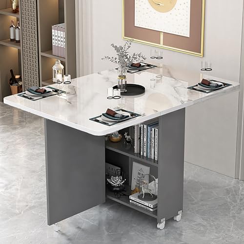 Mesa de comedor extensible con 8 ruedas, diseño plegable moderno y estante de almacenamiento de 2 capas, mesa expandible multifuncional para cocina, dormitorio, sala de estar, solución que ahorra