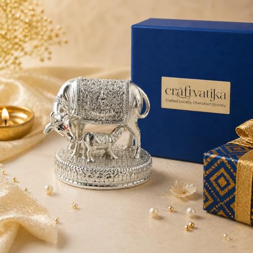 Image of CraftVatika 999 Pure Silver-Plated Kamdhenu Cow with Calf Idol Statue 2.5 Inch Vastu Home Decor for Pooja Room & Mandir, Home Decoration Items, House warming Gifts, Anniversary Wedding Gifts for Women