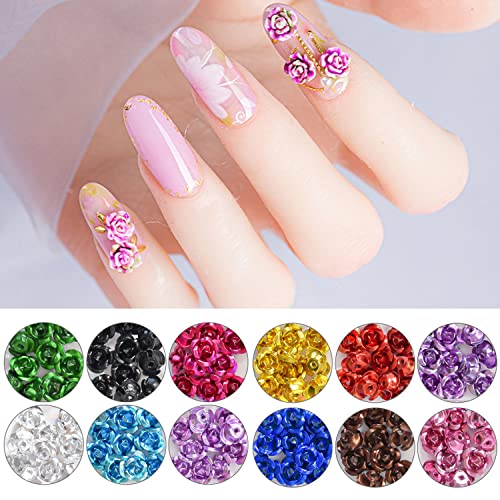 Metal Flowers Nail Art Decorations, 12 Colors Aluminum Flower Nail Glitter Sequins, 3D Flat Back Floral Nail Art Design, Rose Blossom Nail Rivet For Nail Art Supplies, Flower Making Craft Accessories #TOP1