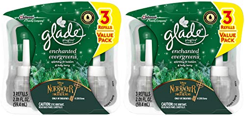 Glade Plugins Scented Oil Refills - Holiday Collection 2018 - Enchanted Evergreens - 3 Count Oil Refills Per Package - Pack of 2 Packages