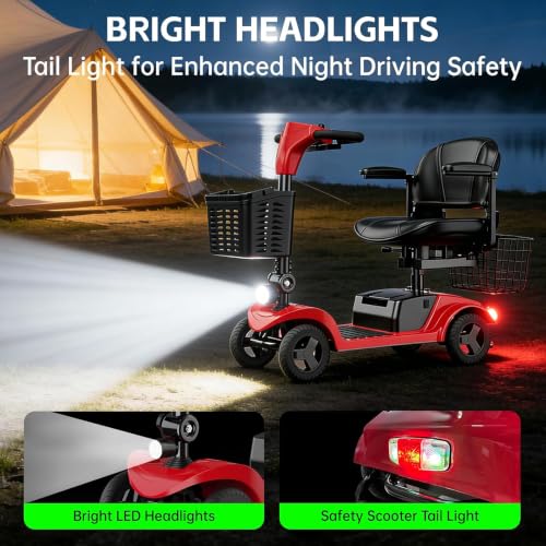 Image of Mobility Scooter,Removable Battery,Suitable for All Terrains-Red | 28 Miles Travel,300 lbs Capacity,Quick-Assembly, Features Rotating Seat,300W Motor,Dual Baskets and Rear Tail Lights