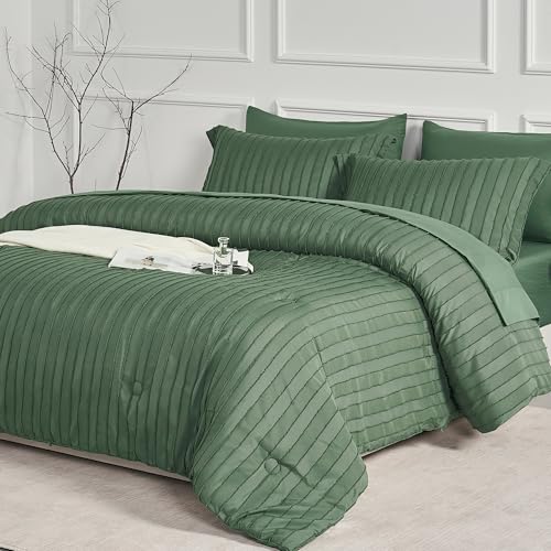 JELLYMONI Queen Comforter Set - Green Striped Tufted Bedding Set for All Seasons, Fluffly Comforter...