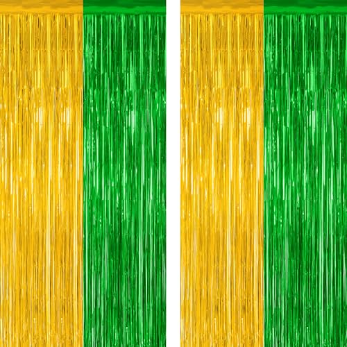 Image of ZATAYE 2 Pack Green Gold Christmas St Patricks Foil Curtain Decorations | Green Gold, Metallic Foil, 3.28 x 7.05 FT, Tinsel Backdrop, Foil Curtain Streamer, Christmas St Patricks Party