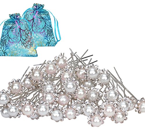 Jaciya 40 Pack Crystal Wedding Bridal Pearl Flower Hair Pins Clips with Two Jewelry Bags, White