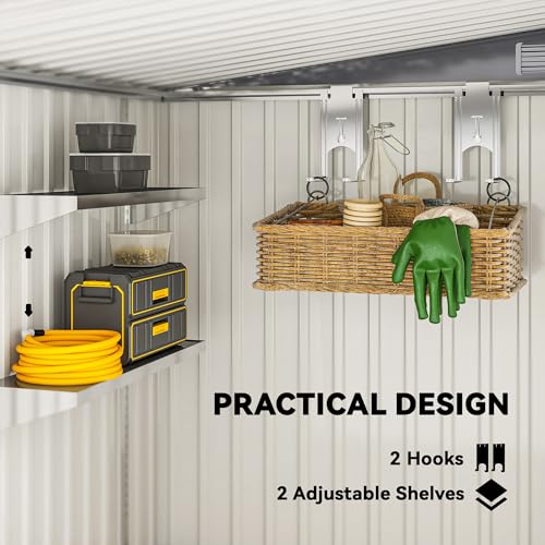 Outsunny 7 x 5FT Metal Garden Shed with Foundation Kit, 2 Adjustable Shelves and Hooks, Waterproof Galvanised Steel Lean to Shed with Sliding Doors, 2 Vents and Pent Roof, Light Grey - Image 4