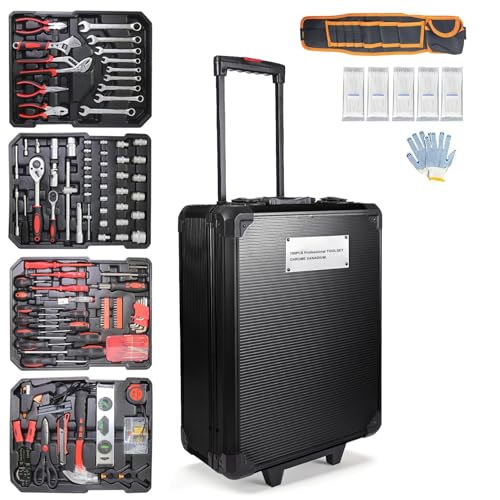 Arcwares 799pcs Aluminum Trolley Case Tool Set Silver, House Repair Kit Set, Household Hand Tool Set, with Tool Belt,Gift on Father's Day (Black)