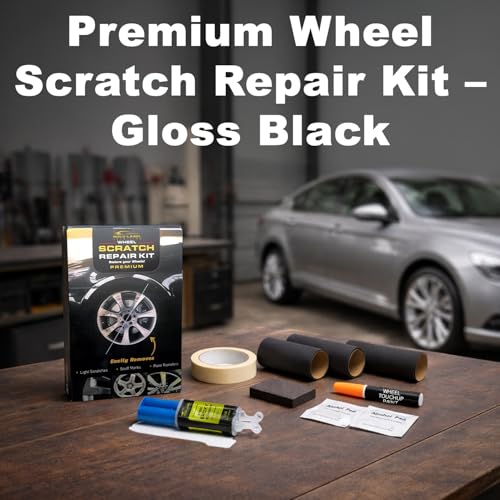 Image of Premium Wheel Scratch Repair Kit | Gloss Black Rim Touch-Up Pen 30ml | DIY Kit with Filler, Sanding Tools, Spatula & Tape | Deep Rim Repair for Painted Alloy Wheels