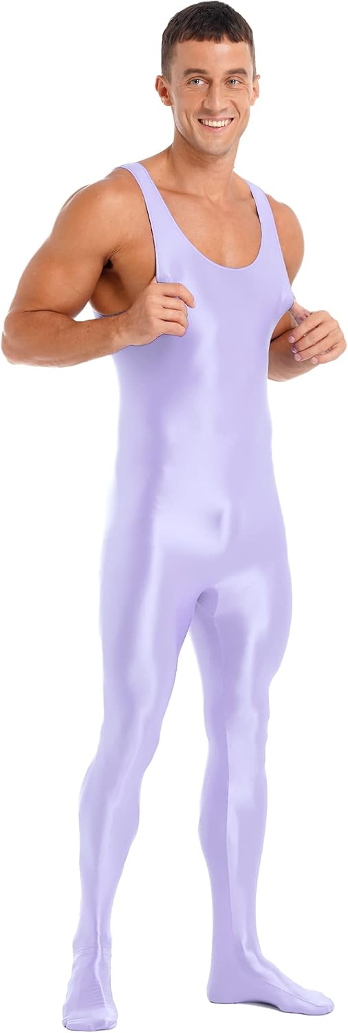 Mens Spandex Dance Unitard Biketard Bodysuit Tank Ballet Tight Jumpsuit Leotard Costume Light Purple Medium