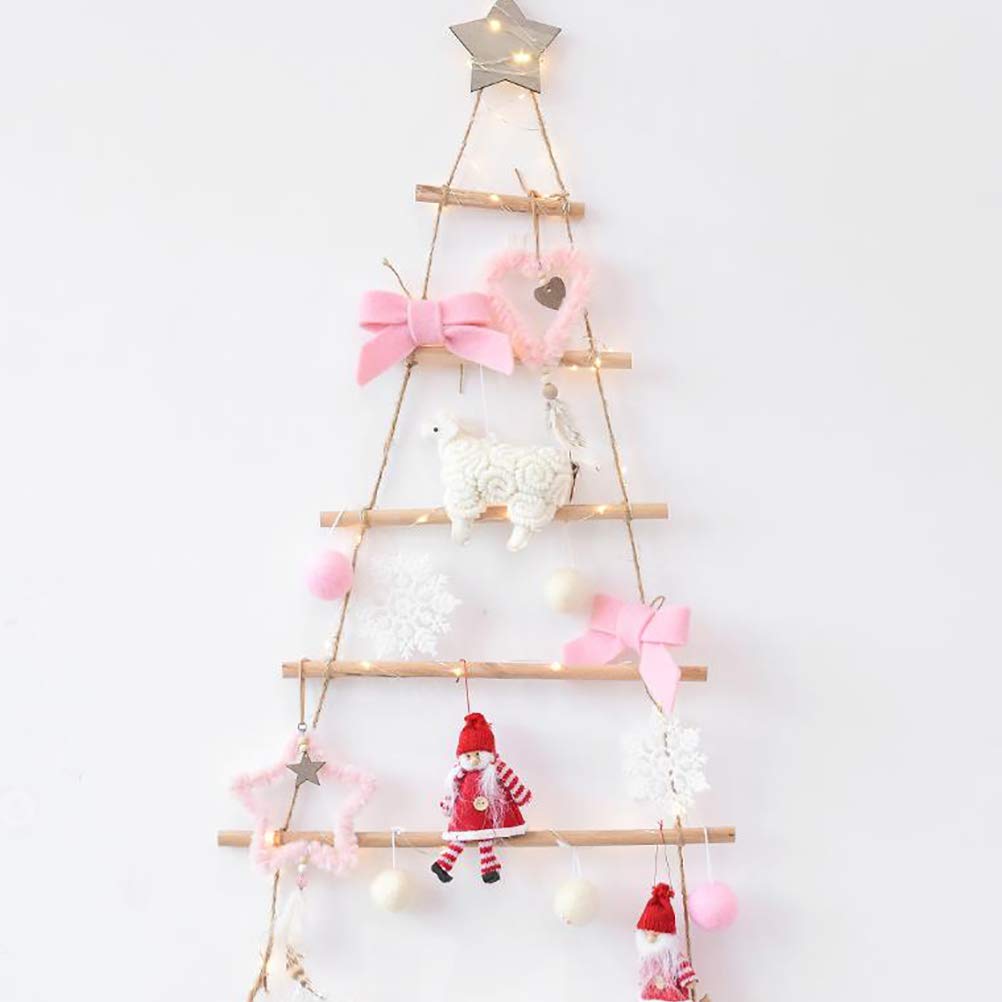 Decoración de pared colgante de árbol de Navidad, escalera de cuerda de madera colgante de 80 cm, decoración de pared de árbol de Navidad, ramas, escalera de madera iluminada, decoración de Navidad