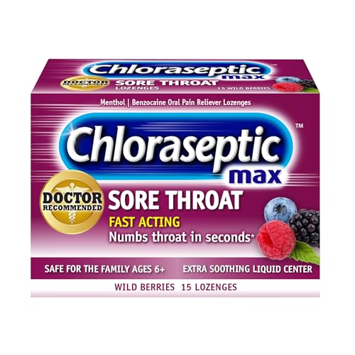 Chloraseptic Max Strength Sore Throat Relief Lozenges, Wild Berry, Drops with Liquid Center to Numb Sore Throat, 15 Count