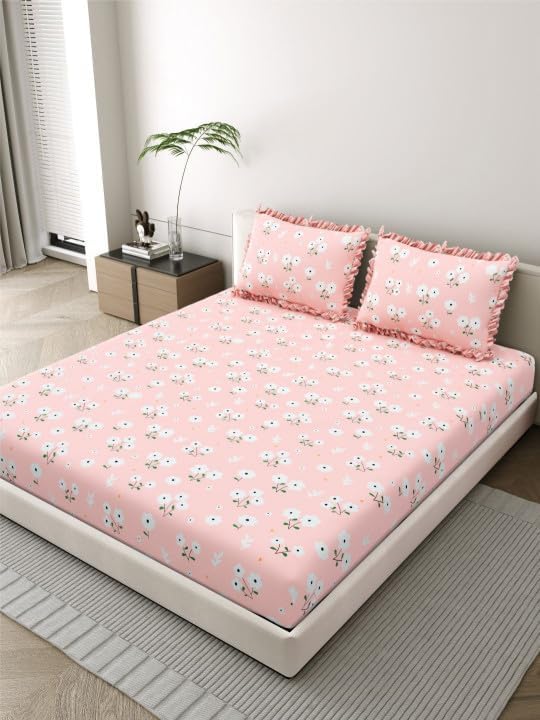 Image of 380 TC Premium Glace Cotton Elastic Fitted Bedsheet King Size with 2 Pillow Covers King Size | Double Bed with All Around Elastic (Pink Frill, Fitted Queen-60x78)