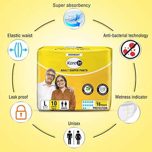 Image of KareIn Overnight Adult Diaper Pants, Large 90-120 Cm (35 inch- 47 inch), Unisex, Leakproof, Elastic Waist, With Aloe Vera Lotion, Anti-Bacterial, ADL, Wetness Indicator, Pack of 12, 120 Count