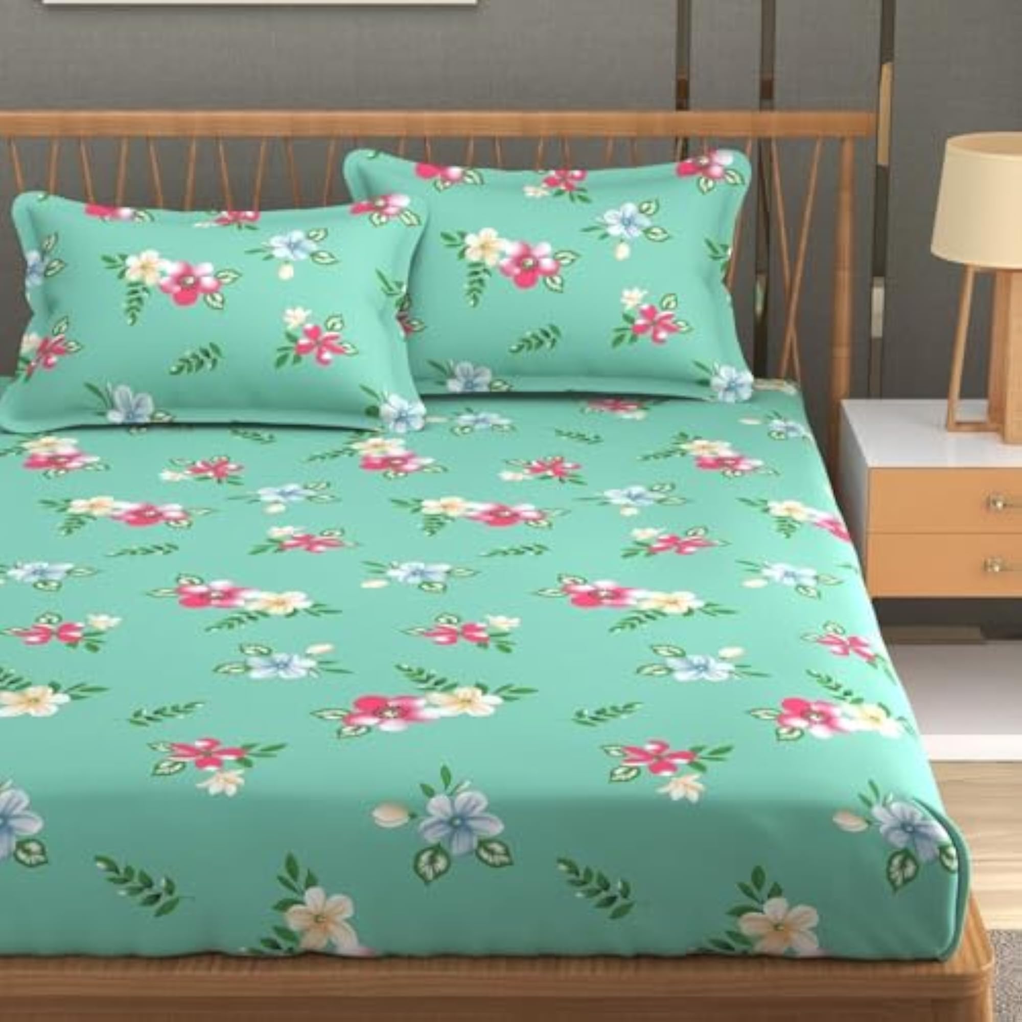 Cotton Double Fitted Bedsheet with 2 Pillow Covers, Jaipuri Prints