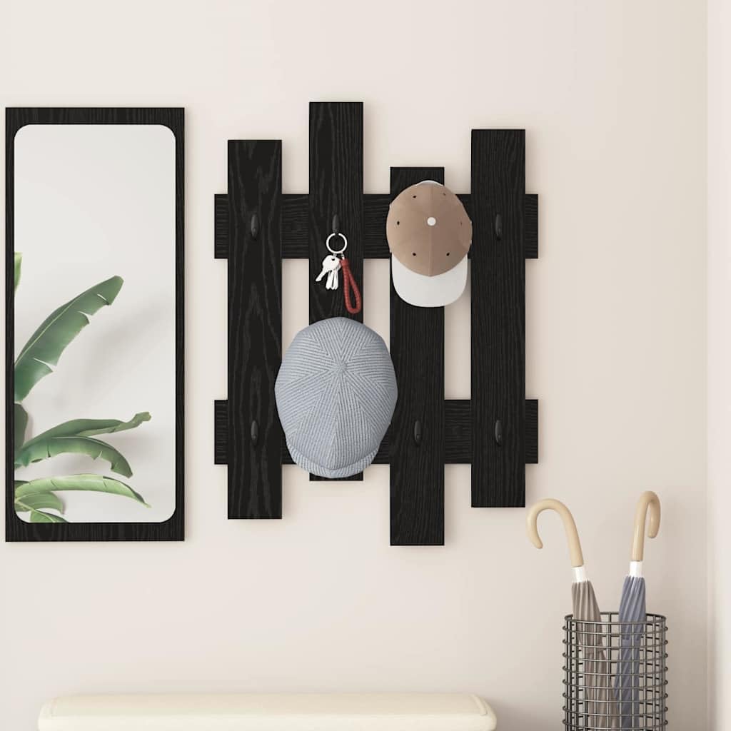 Black Oak Floating Wall Shelf with 4 Hooks | Measures 23.6 x 1.2 x 32.3 inches, crafted from engineered wood for space-saving storage in entryways and bedrooms.