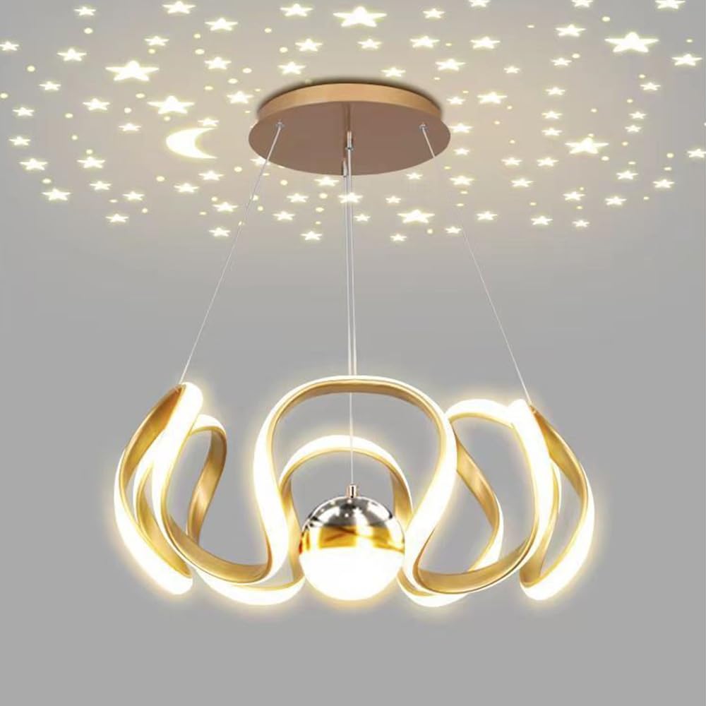 Mengjay Modern LED Ceiling Pendant Light,Star Projector Ceiling Lamp,Kitchen Island Pendant Light,3 Color temperatures,Height Adjustable Hanging Lights for Bars Cafes Restaurants (Gold(1 Ball))