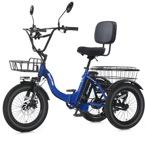 NARRAK Electric Tricycle for Adults, Fat Tire Folding Electric Trike, 3 Wheels Electric Bicycle Bikes, Peak 1300W Step-Thru Etrike with 624WH Removable Battery and Large Basket for Women Men (Blue)