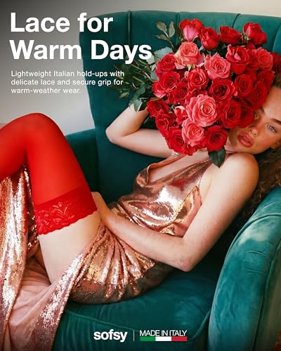 Image of sofsy 100% OEKO-TEX Certified - Italian Women's Opaque Thigh High Stockings | Ultra Soft Dual Silicone Lace Top Stay Ups