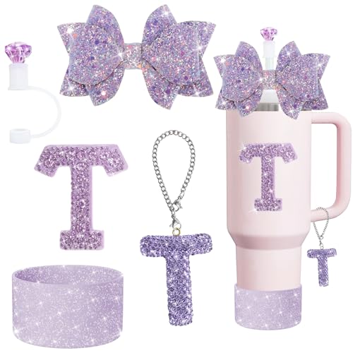 XIANGYUAN 5Pcs Stanley Cup Accessories Set,Letter Charm for Stanley Cups,Including Diamond Straw,Bow Straw,Sparkly Silicone Boot for Stanley Cup 30oz or 40oz(Purple T)