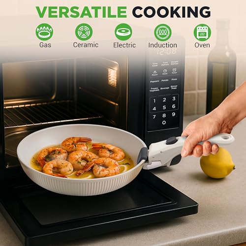 Nutrichef Set Pentole E Padelle In Ceramica 18 Pezzi Con Manici Removibili, Antiaderenti Senza Ptfe, Design Salvaspazio, Per Forno E Piano Cottura, Crema - 4