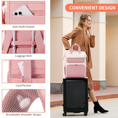 Image of BERTASCHE Lunch Backpack for Women, 15.6 Inch Laptop Backpack with Insulated Cooler Lunch box, Nurse Backpack for Teacher Work Travel College Picnic,Pink-Beige